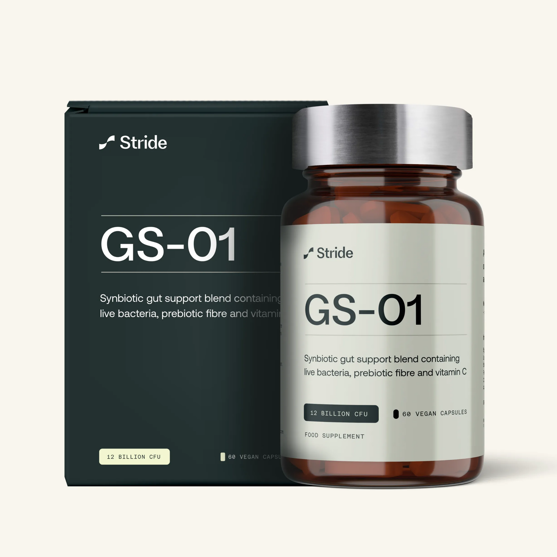 Stride GS-01 supplement bottle and packaging on a white background