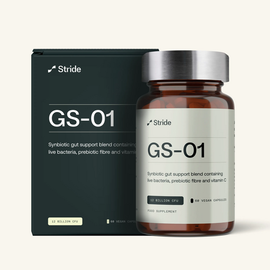 Stride GS-01 supplement bottle and packaging on a white background